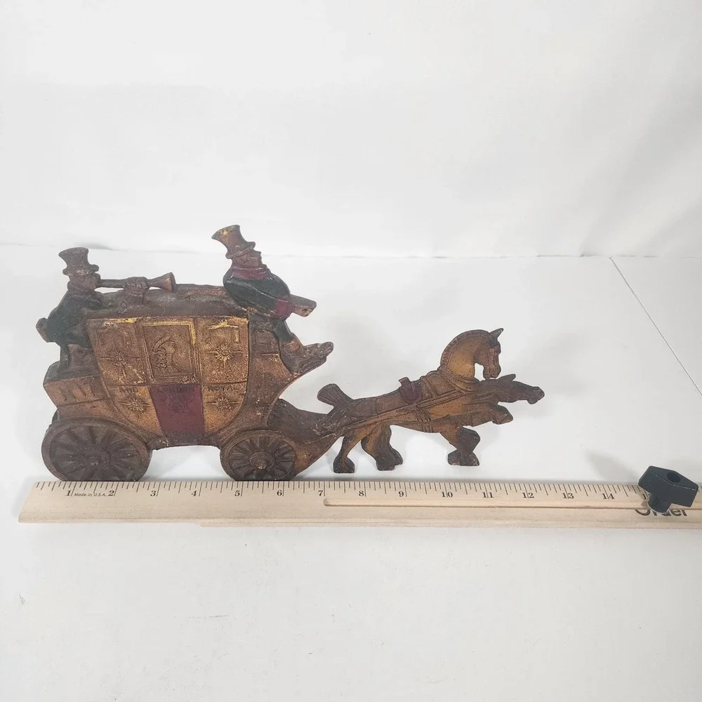 Vintage Cast Iron Royal Mail Stagecoach Doorstop Horse Carriage Painted Decor